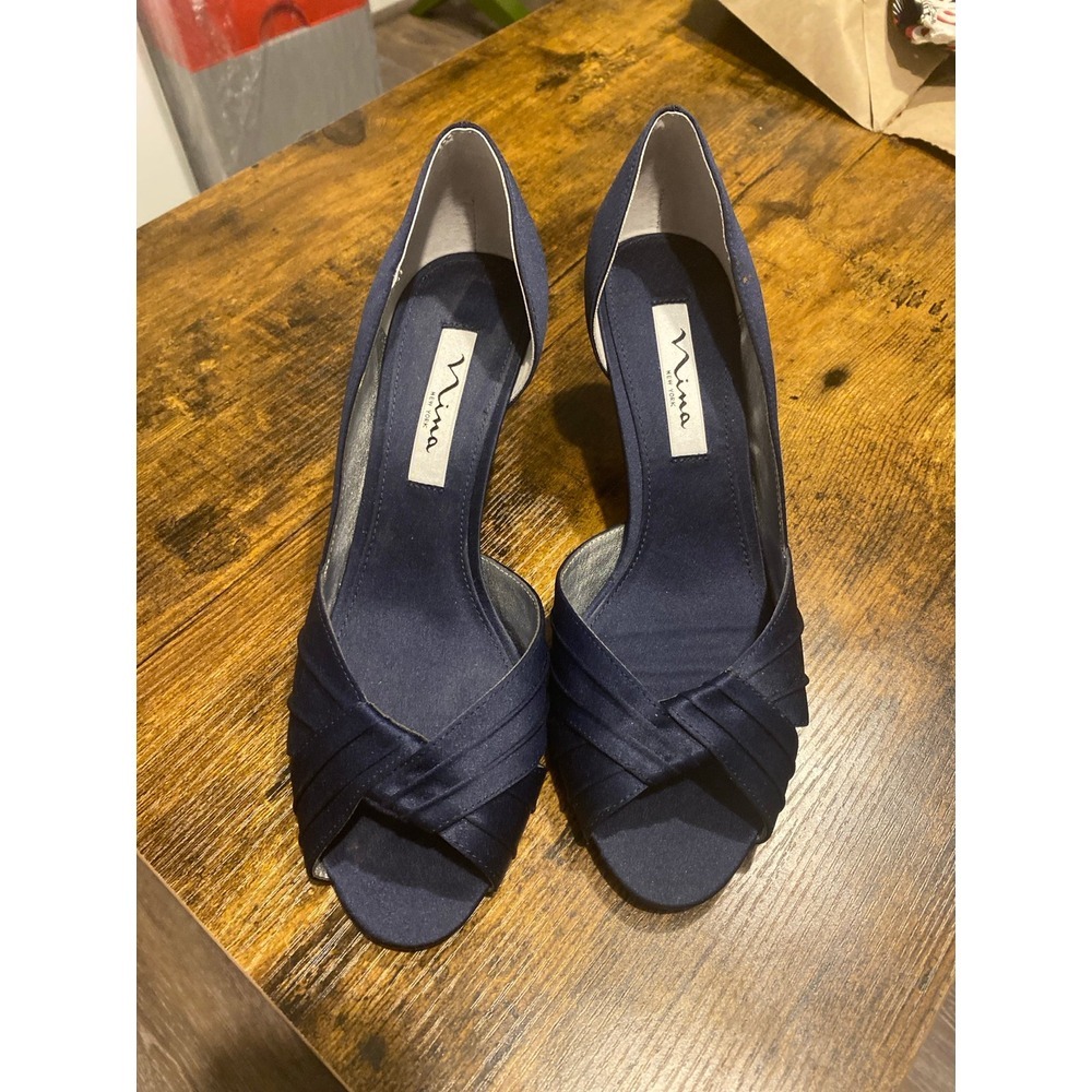 Nina Women Culver Satin Navy Asymmetric d'Orsay Cut Out Side Peep Dress Pump
